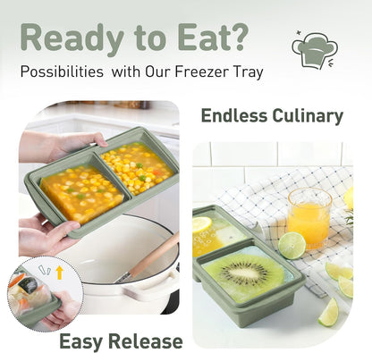 Silicone Freezer Tray With Lid Soup Freezer Container Molds with Steel Reinforced Rim Ice Cube Freezer Molds for Soup, Sauce, Leftovers, Homemade Meal Prep Containers Portion Control Food Storage