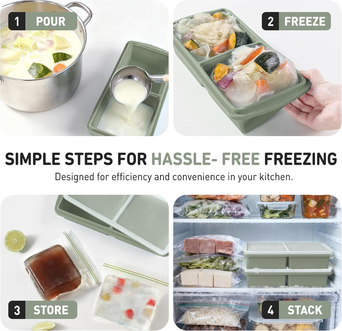 Silicone Freezer Tray With Lid Soup Freezer Container Molds with Steel Reinforced Rim Ice Cube Freezer Molds for Soup, Sauce, Leftovers, Homemade Meal Prep Containers Portion Control Food Storage