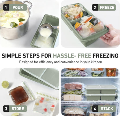 Silicone Freezer Tray With Lid Soup Freezer Container Molds with Steel Reinforced Rim Ice Cube Freezer Molds for Soup, Sauce, Leftovers, Homemade Meal Prep Containers Portion Control Food Storage