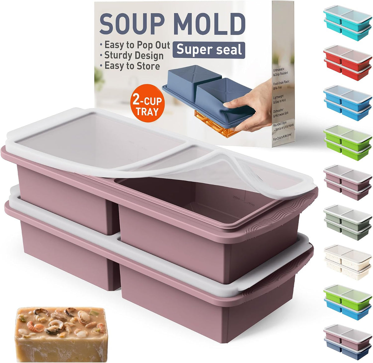 Silicone Freezer Tray With Lid Soup Freezer Container Molds with Steel Reinforced Rim Ice Cube Freezer Molds for Soup, Sauce, Leftovers, Homemade Meal Prep Containers Portion Control Food Storage