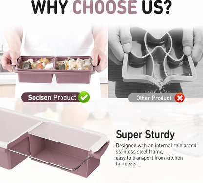 Silicone Freezer Tray With Lid Soup Freezer Container Molds with Steel Reinforced Rim Ice Cube Freezer Molds for Soup, Sauce, Leftovers, Homemade Meal Prep Containers Portion Control Food Storage