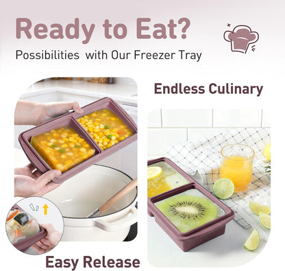 Silicone Freezer Tray With Lid Soup Freezer Container Molds with Steel Reinforced Rim Ice Cube Freezer Molds for Soup, Sauce, Leftovers, Homemade Meal Prep Containers Portion Control Food Storage
