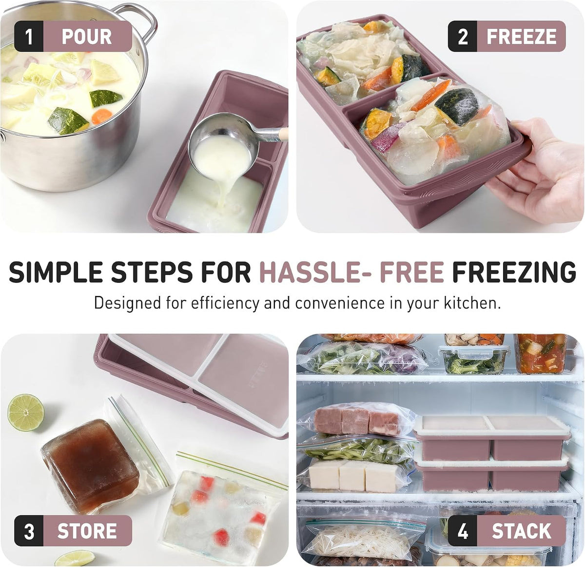 Silicone Freezer Tray With Lid Soup Freezer Container Molds with Steel Reinforced Rim Ice Cube Freezer Molds for Soup, Sauce, Leftovers, Homemade Meal Prep Containers Portion Control Food Storage