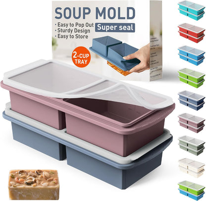 Silicone Freezer Tray With Lid Soup Freezer Container Molds with Steel Reinforced Rim Ice Cube Freezer Molds for Soup, Sauce, Leftovers, Homemade Meal Prep Containers Portion Control Food Storage