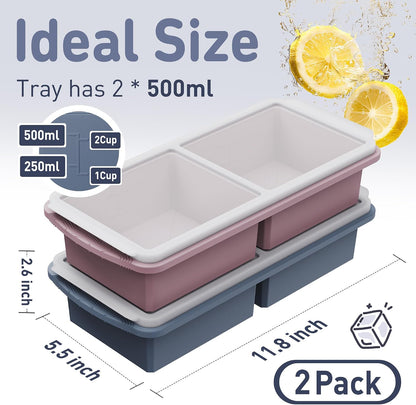 Silicone Freezer Tray With Lid Soup Freezer Container Molds with Steel Reinforced Rim Ice Cube Freezer Molds for Soup, Sauce, Leftovers, Homemade Meal Prep Containers Portion Control Food Storage