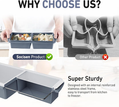 Silicone Freezer Tray With Lid Soup Freezer Container Molds with Steel Reinforced Rim Ice Cube Freezer Molds for Soup, Sauce, Leftovers, Homemade Meal Prep Containers Portion Control Food Storage