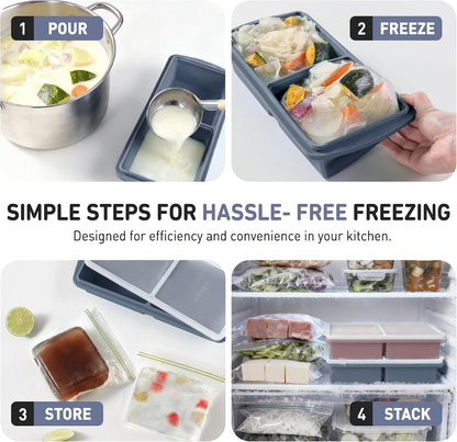 Silicone Freezer Tray With Lid Soup Freezer Container Molds with Steel Reinforced Rim Ice Cube Freezer Molds for Soup, Sauce, Leftovers, Homemade Meal Prep Containers Portion Control Food Storage