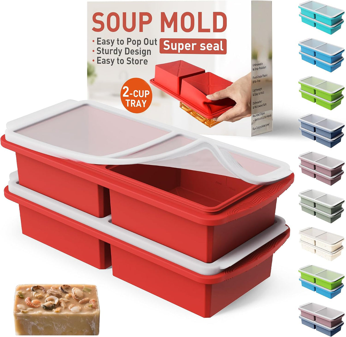 Silicone Freezer Tray With Lid Soup Freezer Container Molds with Steel Reinforced Rim Ice Cube Freezer Molds for Soup, Sauce, Leftovers, Homemade Meal Prep Containers Portion Control Food Storage
