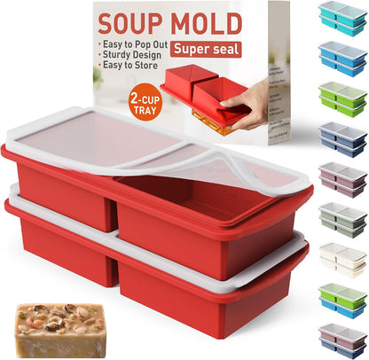 Silicone Freezer Tray With Lid Soup Freezer Container Molds with Steel Reinforced Rim Ice Cube Freezer Molds for Soup, Sauce, Leftovers, Homemade Meal Prep Containers Portion Control Food Storage