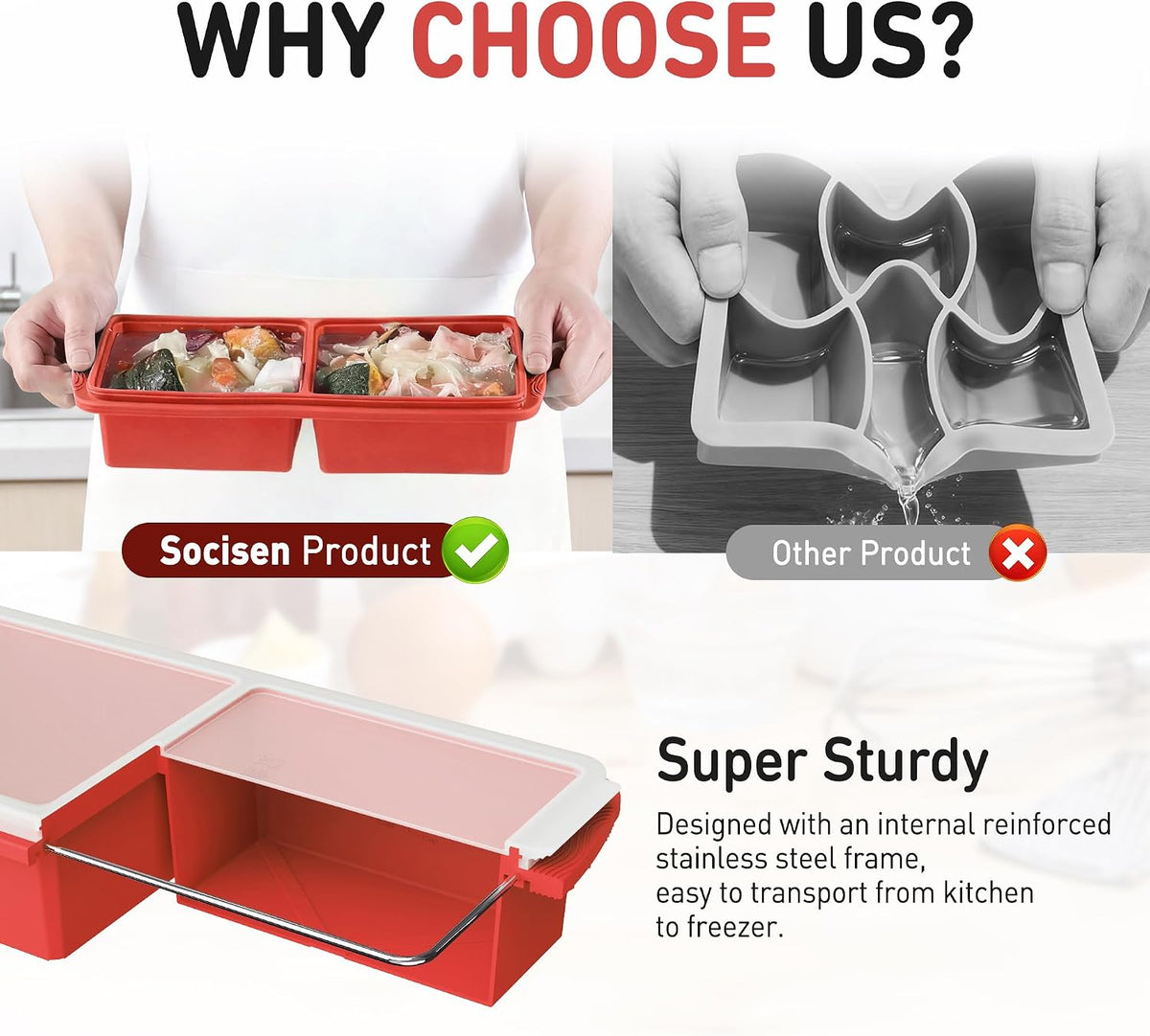 Silicone Freezer Tray With Lid Soup Freezer Container Molds with Steel Reinforced Rim Ice Cube Freezer Molds for Soup, Sauce, Leftovers, Homemade Meal Prep Containers Portion Control Food Storage