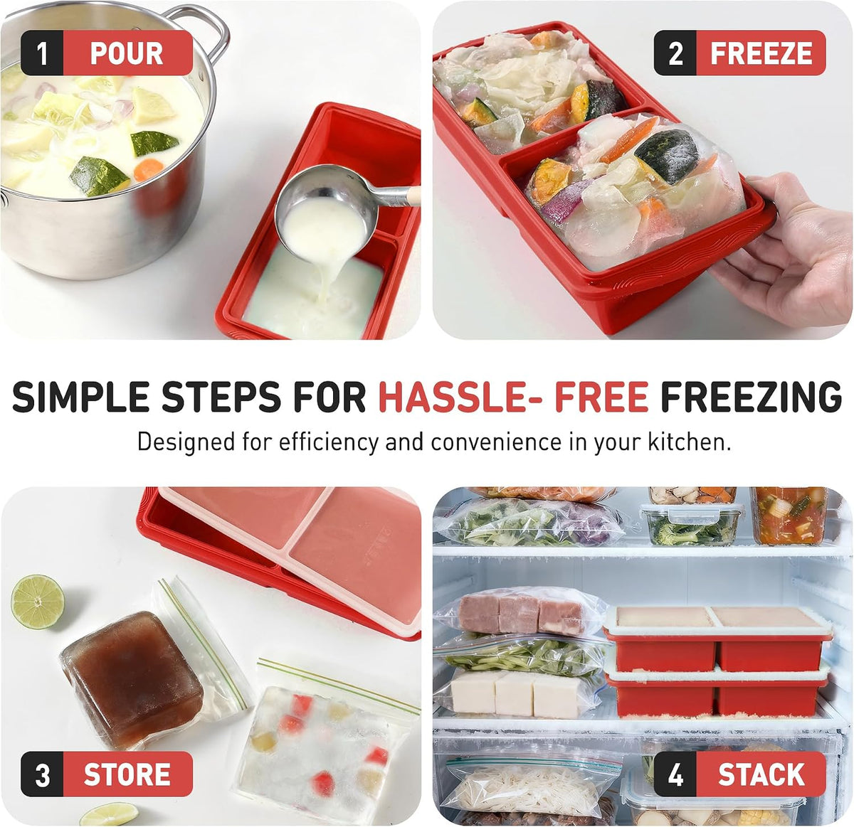 Silicone Freezer Tray With Lid Soup Freezer Container Molds with Steel Reinforced Rim Ice Cube Freezer Molds for Soup, Sauce, Leftovers, Homemade Meal Prep Containers Portion Control Food Storage