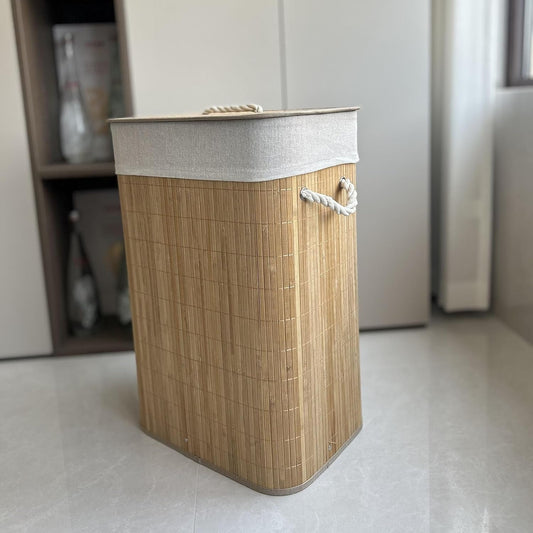 Bamboo Laundry Hamper with Lid, Large Waterproof Clothes Laundry Bin Basket, Removable Washing Bags Rectangular Clothes Hamper with Handles for Home Organization