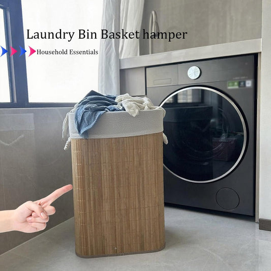 Bamboo Laundry Hamper with Lid, Large Waterproof Clothes Laundry Bin Basket, Removable Washing Bags Rectangular Clothes Hamper with Handles for Home Organization