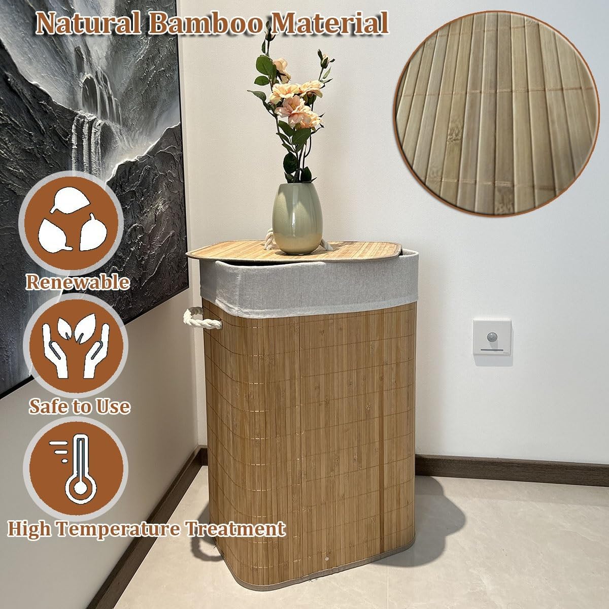 Bamboo Laundry Hamper with Lid, Large Waterproof Clothes Laundry Bin Basket, Removable Washing Bags Rectangular Clothes Hamper with Handles for Home Organization