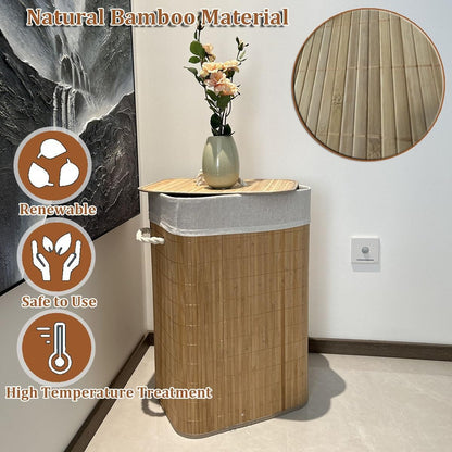 Bamboo Laundry Hamper with Lid, Large Waterproof Clothes Laundry Bin Basket, Removable Washing Bags Rectangular Clothes Hamper with Handles for Home Organization