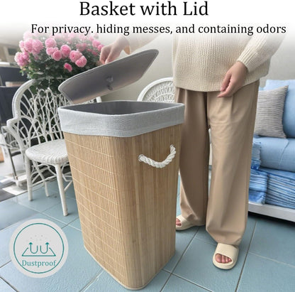 Bamboo Laundry Hamper with Lid, Large Waterproof Clothes Laundry Bin Basket, Removable Washing Bags Rectangular Clothes Hamper with Handles for Home Organization