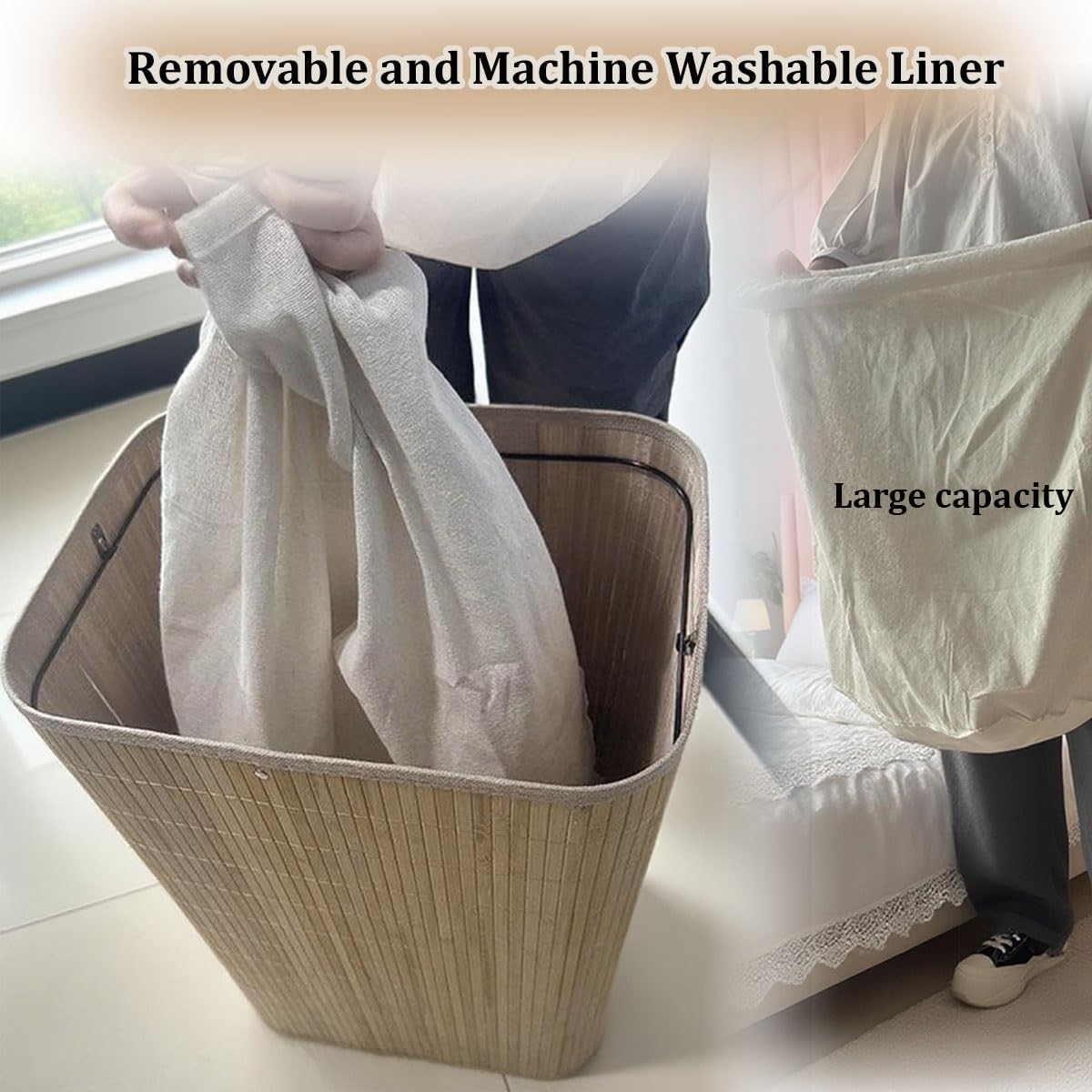 Bamboo Laundry Hamper with Lid, Large Waterproof Clothes Laundry Bin Basket, Removable Washing Bags Rectangular Clothes Hamper with Handles for Home Organization