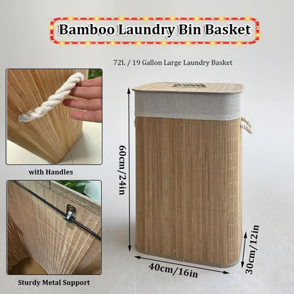 Bamboo Laundry Hamper with Lid, Large Waterproof Clothes Laundry Bin Basket, Removable Washing Bags Rectangular Clothes Hamper with Handles for Home Organization