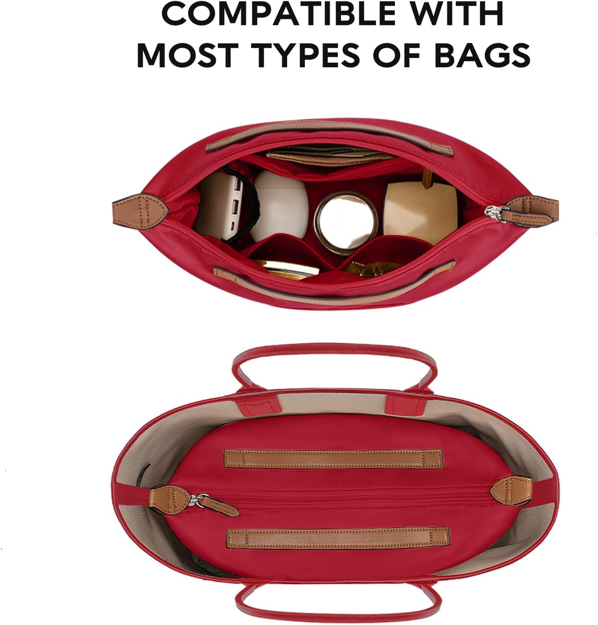 Small Purse Organizer Insert with Zipper, Lightweight Handbag Organizer Insert with Handle, Multiple Pockets for Small Items, Bag Organizer Insert for Tote & Handbags，Red
