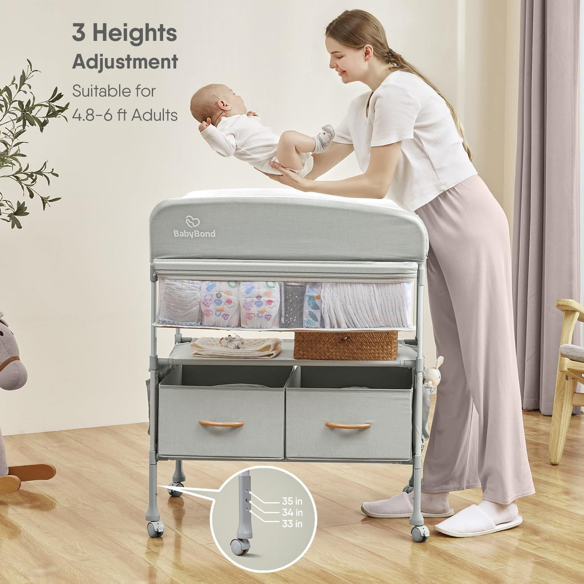 Portable Baby Changing Table with 2 Storage Baskets (Beige)