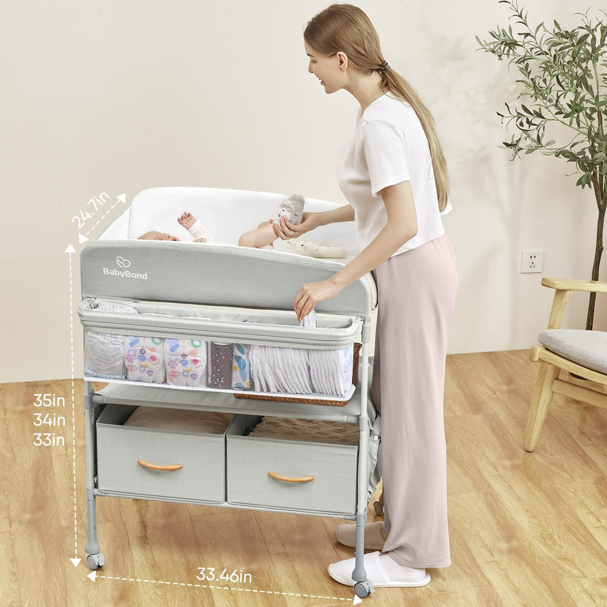 Portable Baby Changing Table with 2 Storage Baskets (Beige)