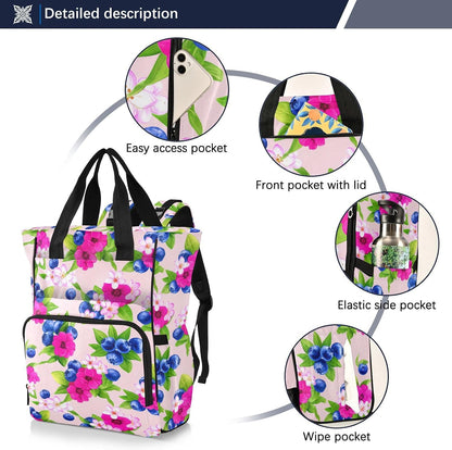 Diaper Bag Backpack, Multifunction Travel Bag for Moms Dads, Baby Changing Bag with Insulted Pockets, Stroller Straps and Side Bottle Pockets Berry Blossom Pattern