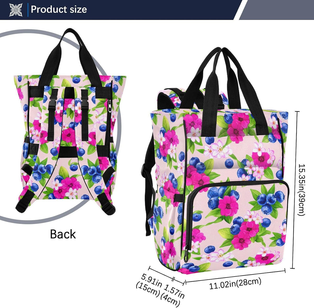 Diaper Bag Backpack, Multifunction Travel Bag for Moms Dads, Baby Changing Bag with Insulted Pockets, Stroller Straps and Side Bottle Pockets Berry Blossom Pattern