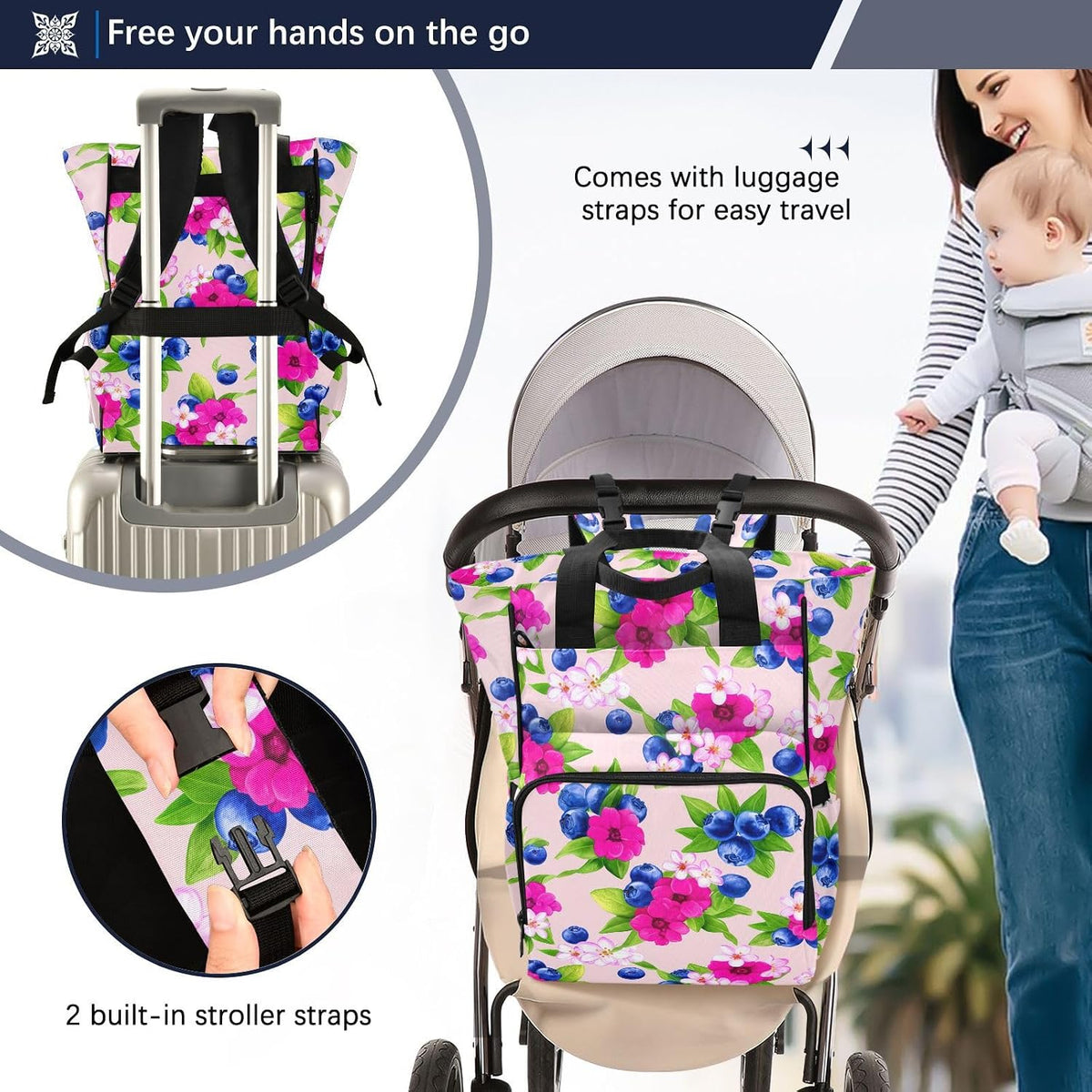 Diaper Bag Backpack, Multifunction Travel Bag for Moms Dads, Baby Changing Bag with Insulted Pockets, Stroller Straps and Side Bottle Pockets Berry Blossom Pattern