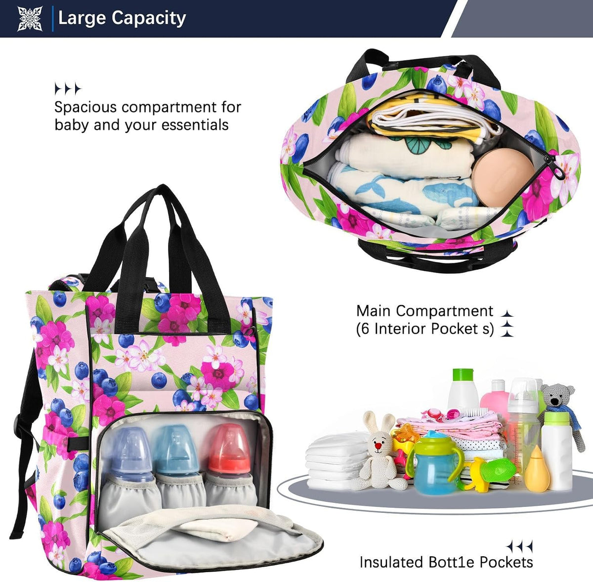 Diaper Bag Backpack, Multifunction Travel Bag for Moms Dads, Baby Changing Bag with Insulted Pockets, Stroller Straps and Side Bottle Pockets Berry Blossom Pattern