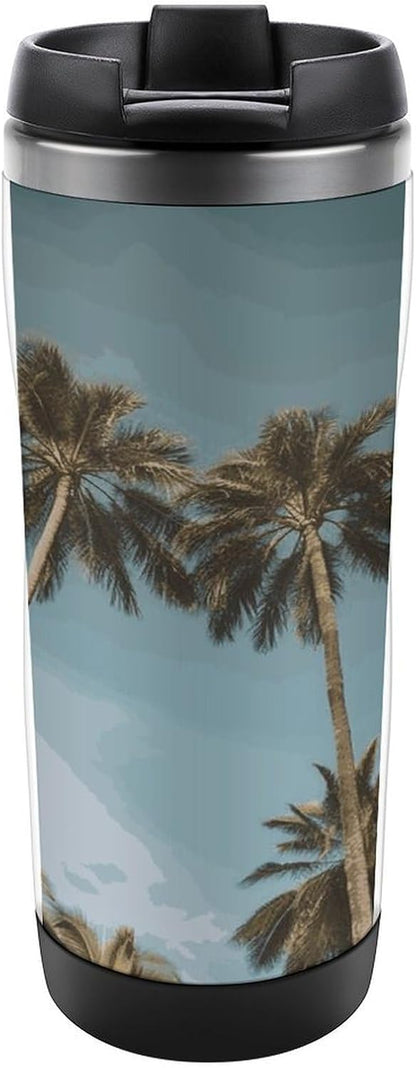 13oz Insulated Travel Coffee Mug Reusable Coffee Cup Water Bottle | Tall Tropical Palm Trees Travel Mug with Leak Proof Lid Double Wall Stainless Steel Coffee Tumbler Personalized Gift