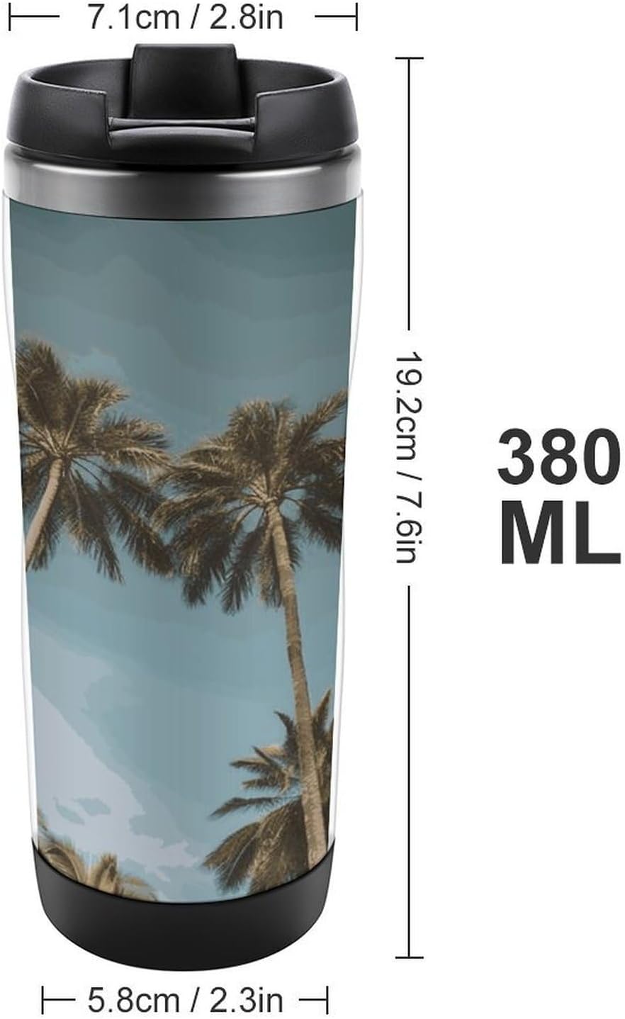 13oz Insulated Travel Coffee Mug Reusable Coffee Cup Water Bottle | Tall Tropical Palm Trees Travel Mug with Leak Proof Lid Double Wall Stainless Steel Coffee Tumbler Personalized Gift