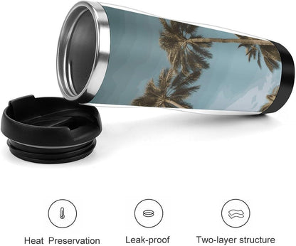 13oz Insulated Travel Coffee Mug Reusable Coffee Cup Water Bottle | Tall Tropical Palm Trees Travel Mug with Leak Proof Lid Double Wall Stainless Steel Coffee Tumbler Personalized Gift