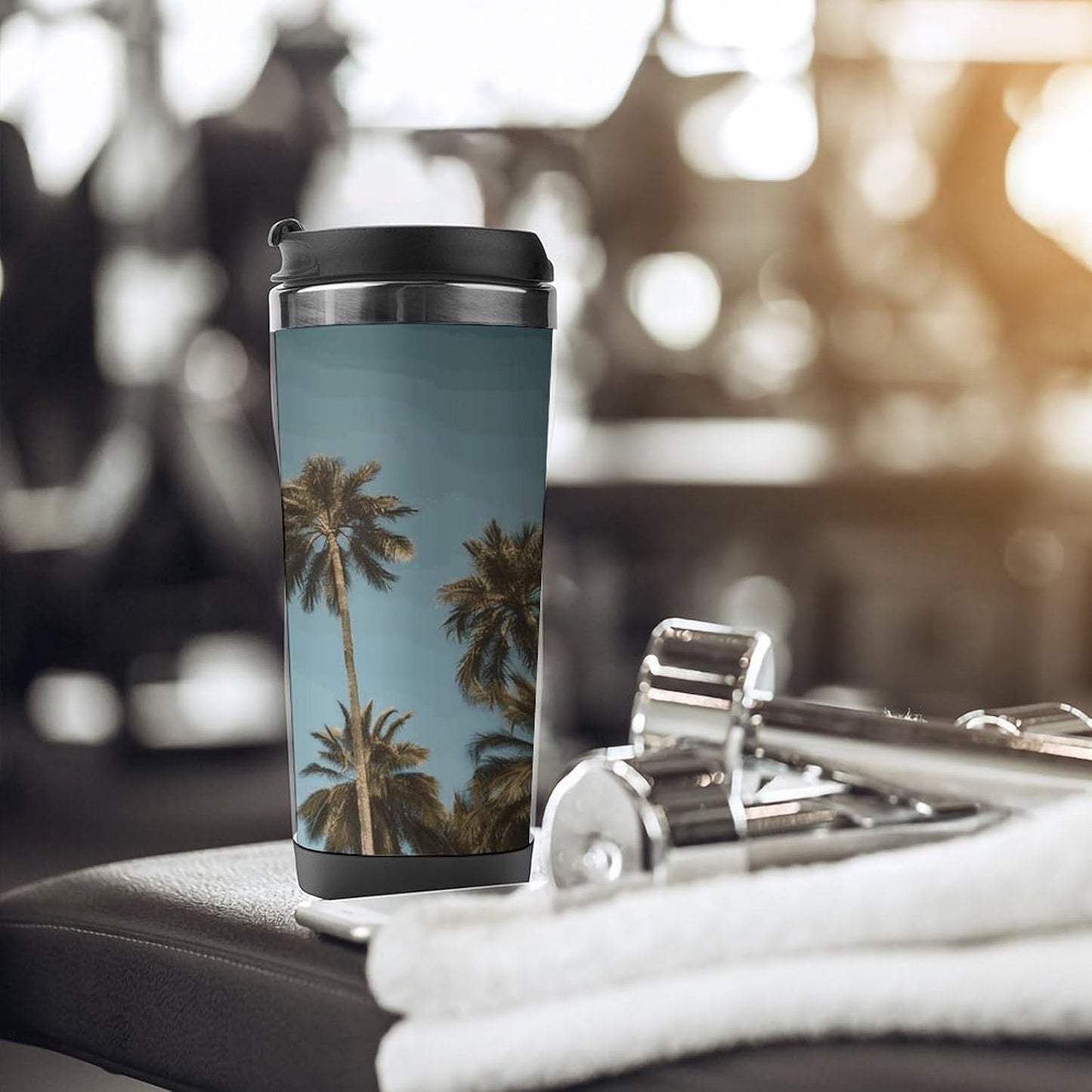 13oz Insulated Travel Coffee Mug Reusable Coffee Cup Water Bottle | Tall Tropical Palm Trees Travel Mug with Leak Proof Lid Double Wall Stainless Steel Coffee Tumbler Personalized Gift