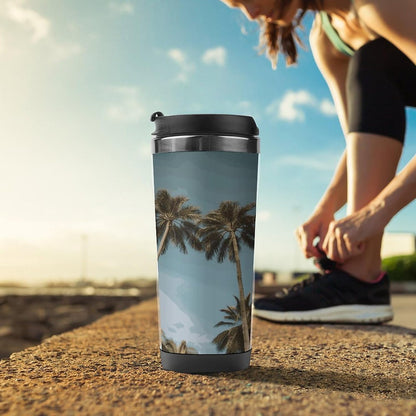 13oz Insulated Travel Coffee Mug Reusable Coffee Cup Water Bottle | Tall Tropical Palm Trees Travel Mug with Leak Proof Lid Double Wall Stainless Steel Coffee Tumbler Personalized Gift