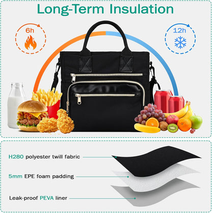 Pomodeee Insulated Lunch Bag for Women, Leakproof Tote with Strap & Cup Holder