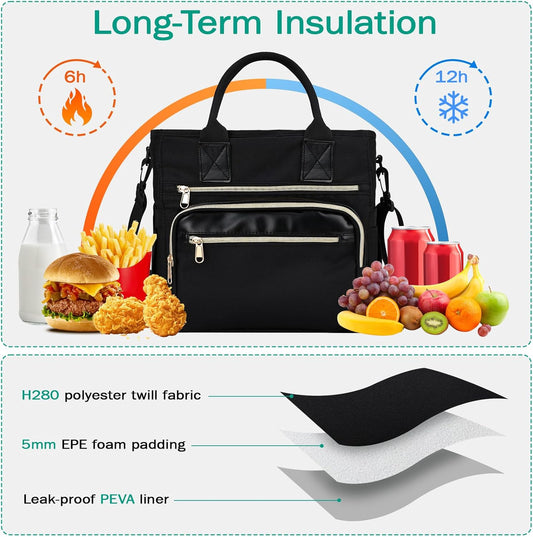 Pomodeee Insulated Lunch Bag for Women, Leakproof Tote with Strap & Cup Holder