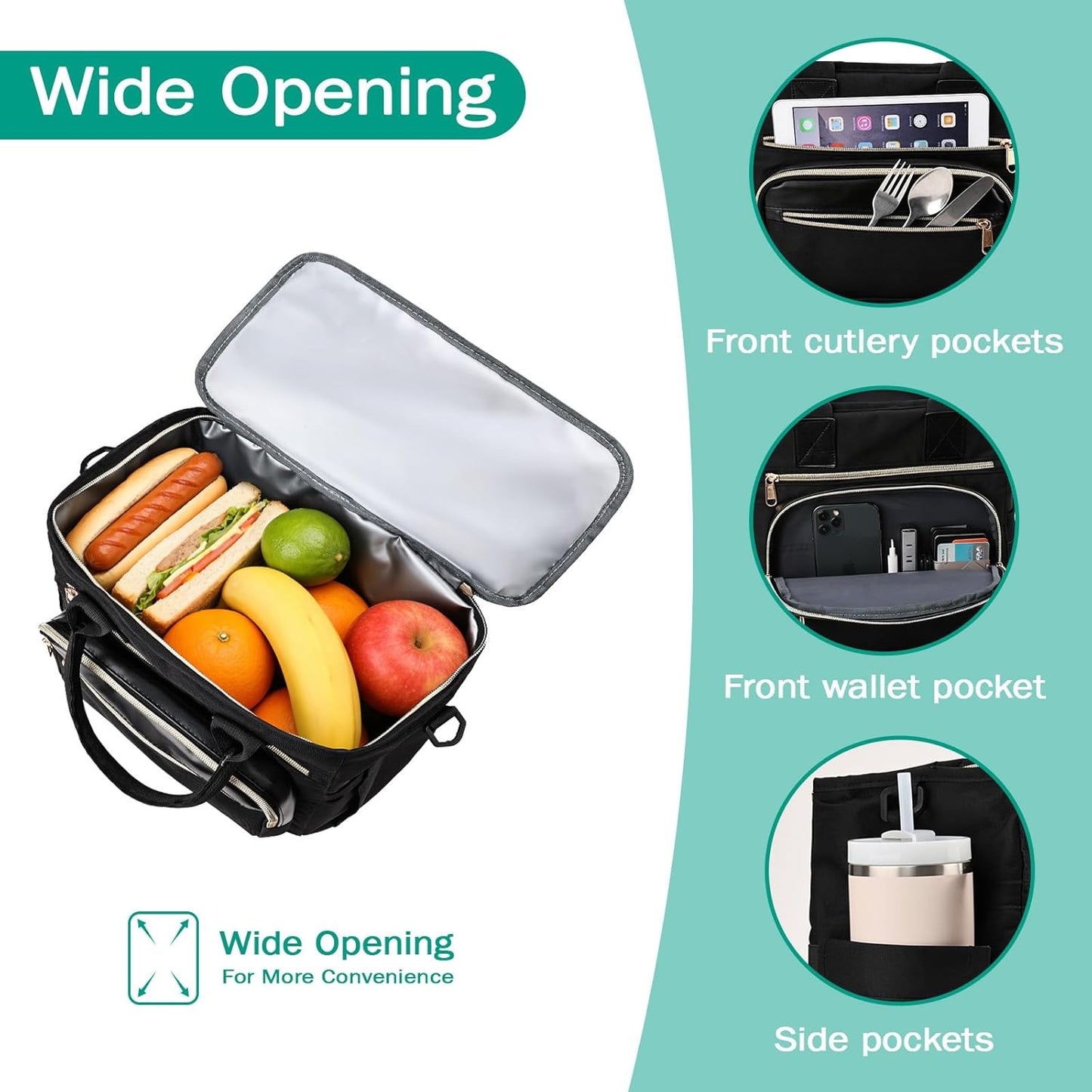 Pomodeee Insulated Lunch Bag for Women, Leakproof Tote with Strap & Cup Holder