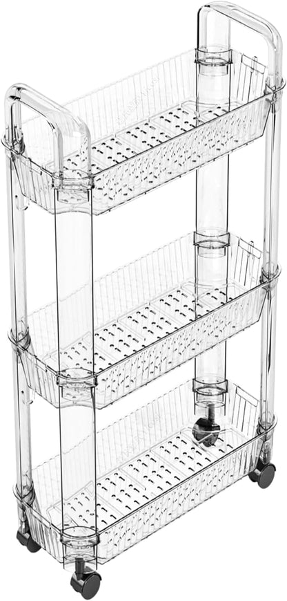 Clear 3 Tier Rolling Utility Cart with Wheels,Modern Bedside Cart for Baby Essentials,Nursery,Diaper Caddy,Baby Supplies,Rolling Storage Carts for Living Room,Bathroom,Kitchen,Book Cart
