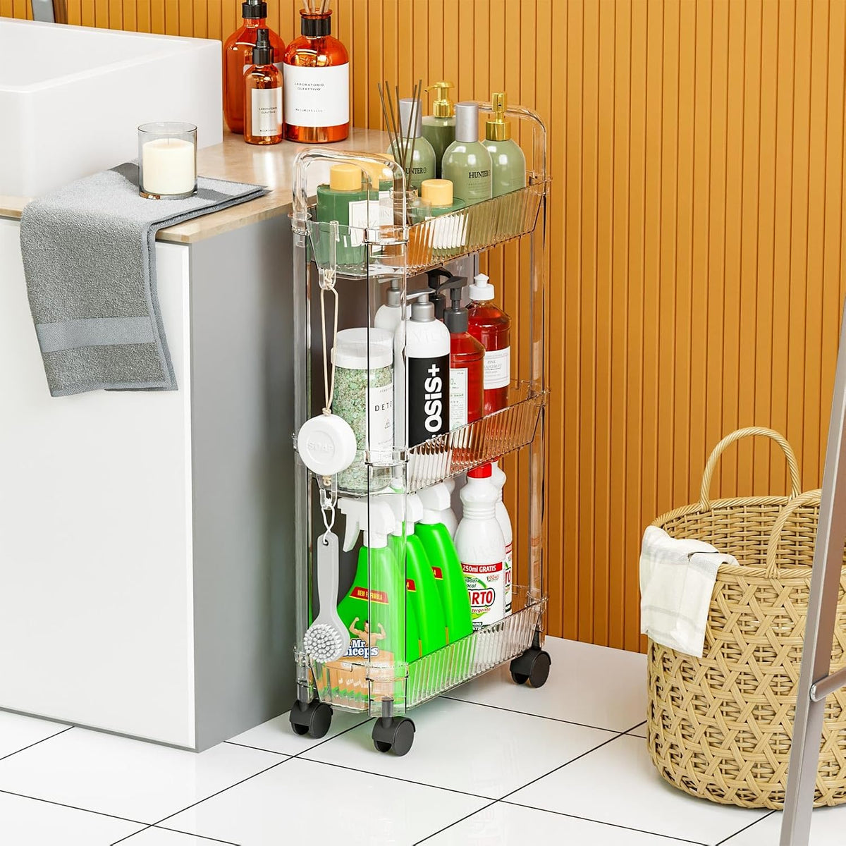 Clear 3 Tier Rolling Utility Cart with Wheels,Modern Bedside Cart for Baby Essentials,Nursery,Diaper Caddy,Baby Supplies,Rolling Storage Carts for Living Room,Bathroom,Kitchen,Book Cart