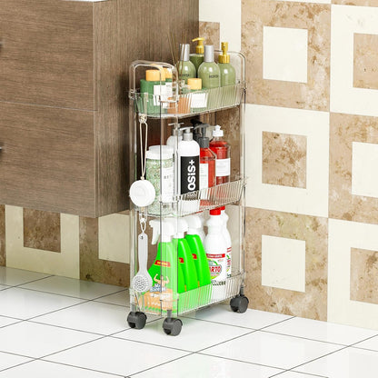 Clear 3 Tier Rolling Utility Cart with Wheels,Modern Bedside Cart for Baby Essentials,Nursery,Diaper Caddy,Baby Supplies,Rolling Storage Carts for Living Room,Bathroom,Kitchen,Book Cart