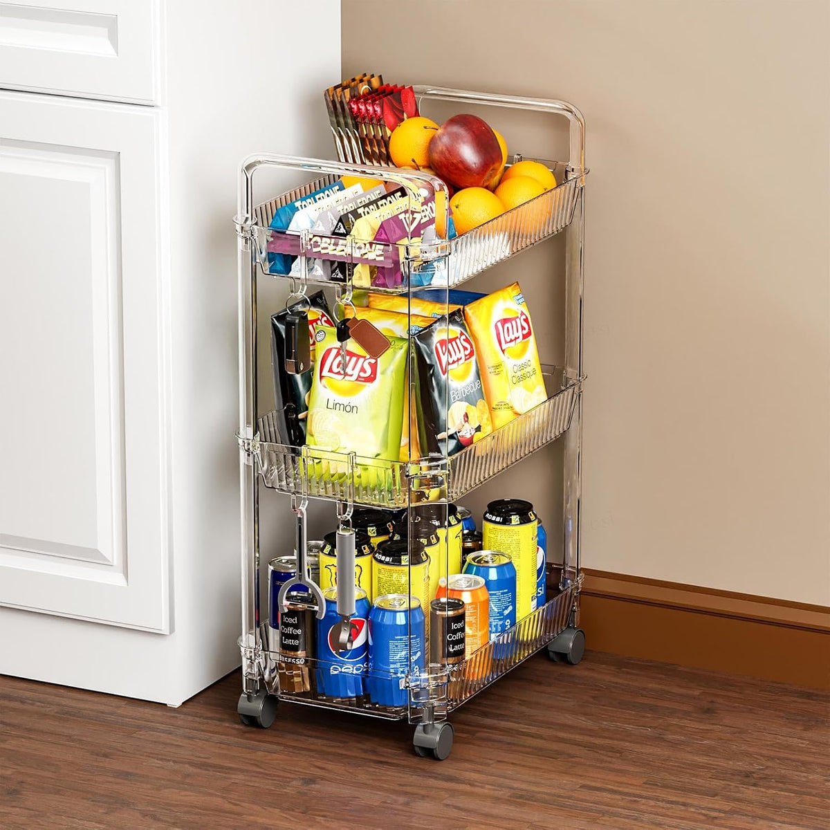 Clear 3 Tier Rolling Utility Cart with Wheels,Modern Bedside Cart for Baby Essentials,Nursery,Diaper Caddy,Baby Supplies,Rolling Storage Carts for Living Room,Bathroom,Kitchen,Book Cart