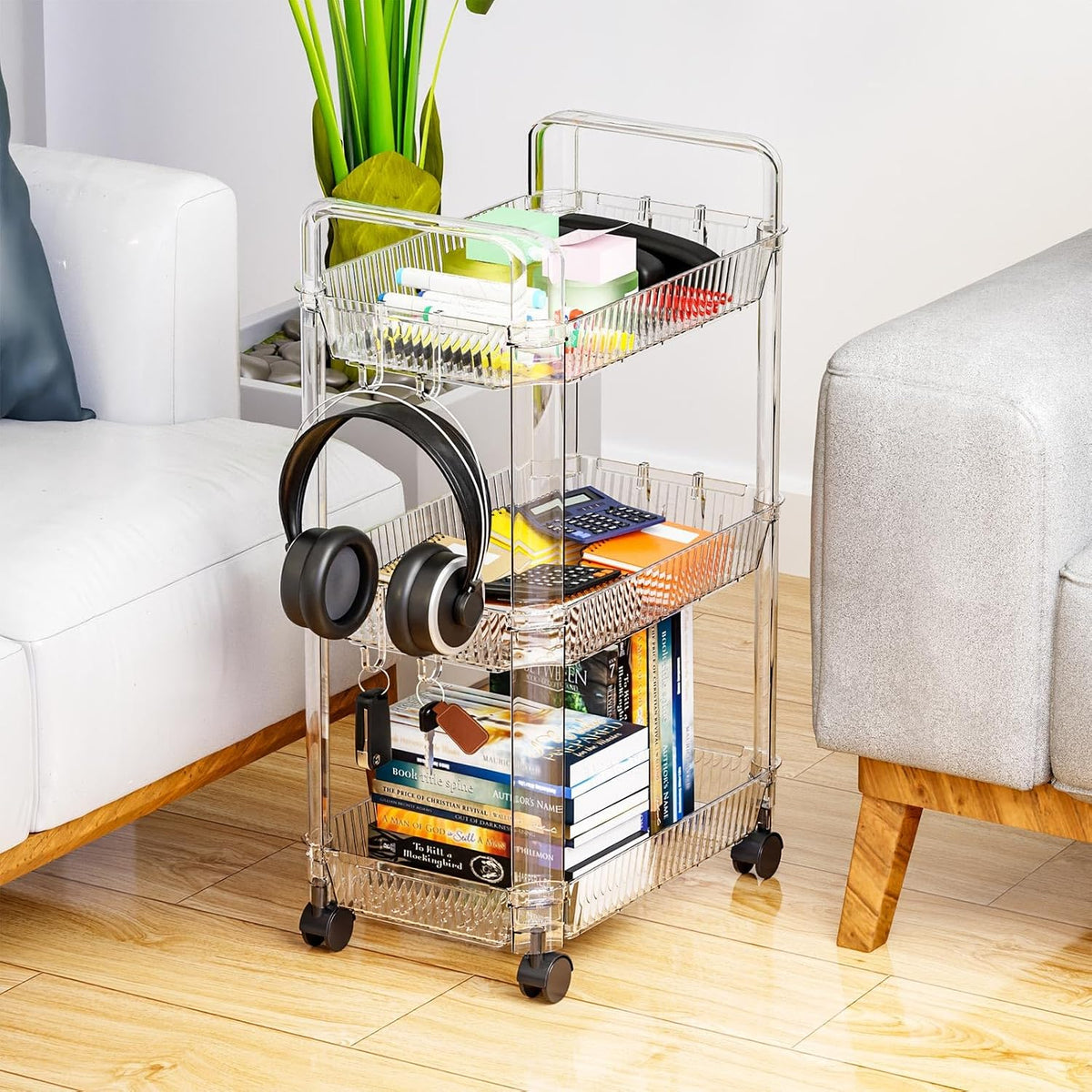 Clear 3 Tier Rolling Utility Cart with Wheels,Modern Bedside Cart for Baby Essentials,Nursery,Diaper Caddy,Baby Supplies,Rolling Storage Carts for Living Room,Bathroom,Kitchen,Book Cart