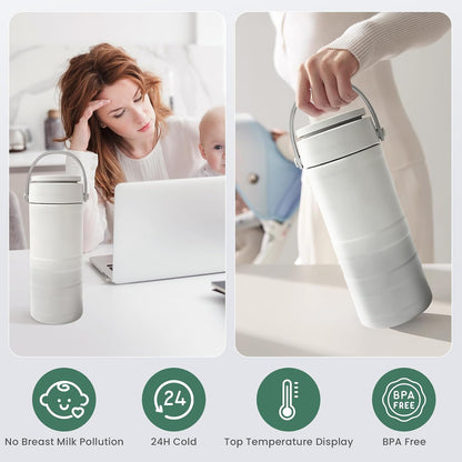 Portable Breast Milk Cooler – 22oz Breastmilk Chiller with Temp Display, 360° Total Cooling Keeps Fresh 24H, Large-Capacity for Travel/Outdoor, Set Includes + Brush 2 Milk Bottles