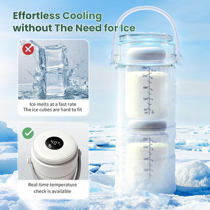 Portable Breast Milk Cooler – 22oz Breastmilk Chiller with Temp Display, 360° Total Cooling Keeps Fresh 24H, Large-Capacity for Travel/Outdoor, Set Includes + Brush 2 Milk Bottles