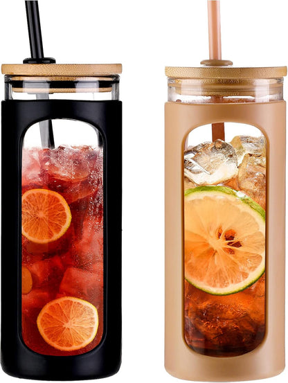 20oz Glass Tumbler with Straw and Lid, Iced Coffee Cups with Bamboo Lids, Glass Cups for Cold Drinks, Smoothie Cup with Silicone Sleeve for Travel, Work, BPA FREE-Olive - Colors B