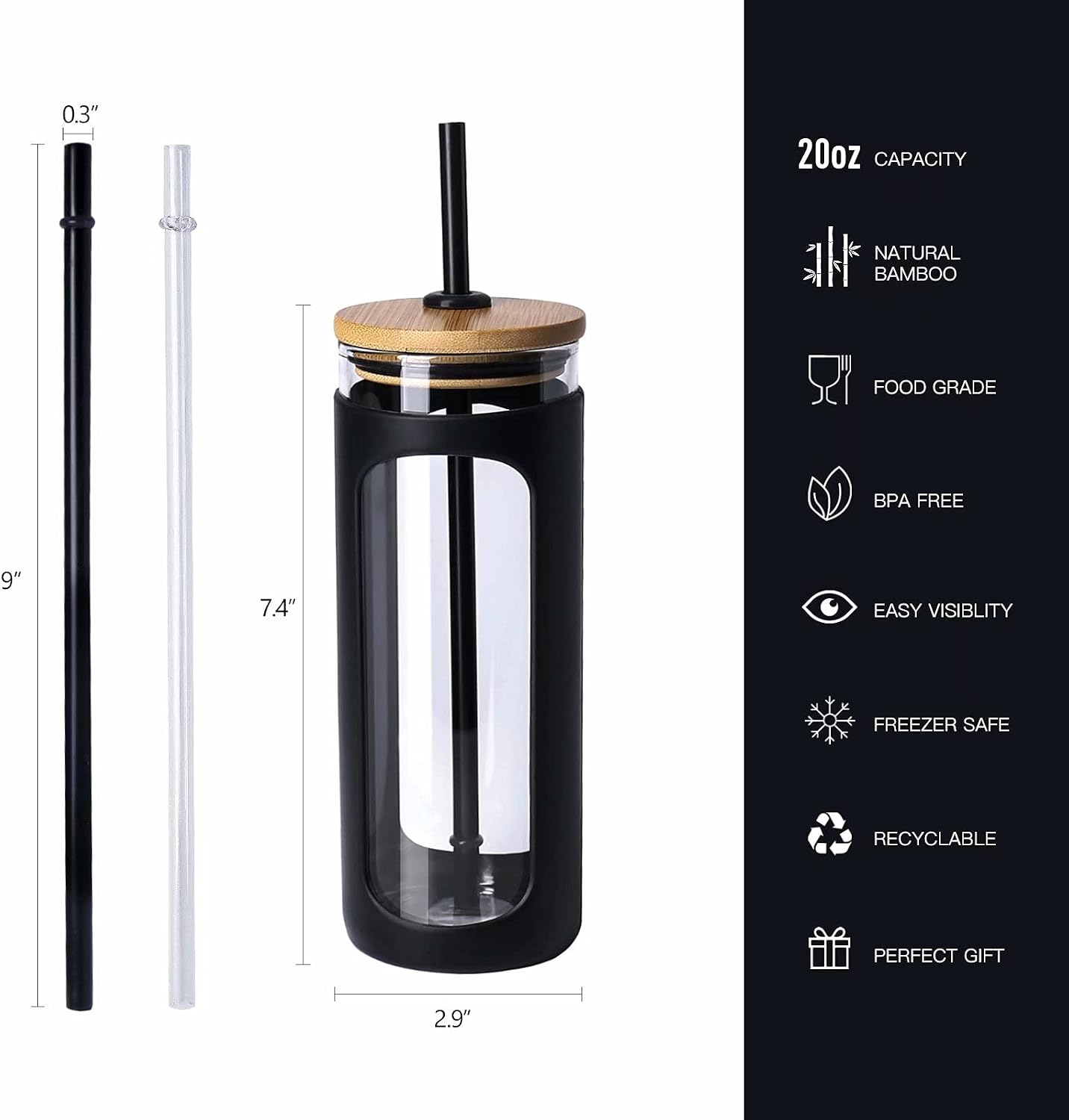 20oz Glass Tumbler with Straw and Lid, Iced Coffee Cups with Bamboo Lids, Glass Cups for Cold Drinks, Smoothie Cup with Silicone Sleeve for Travel, Work, BPA FREE-Olive - Colors B