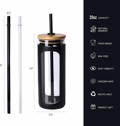 20oz Glass Tumbler with Straw and Lid, Iced Coffee Cups with Bamboo Lids, Glass Cups for Cold Drinks, Smoothie Cup with Silicone Sleeve for Travel, Work, BPA FREE-Olive - Colors B