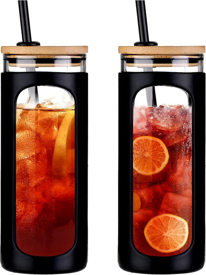 20oz Glass Tumbler with Straw and Lid, Iced Coffee Cups with Bamboo Lids, Glass Cups for Cold Drinks, Smoothie Cup with Silicone Sleeve for Travel, Work, BPA FREE-Olive - Colors B