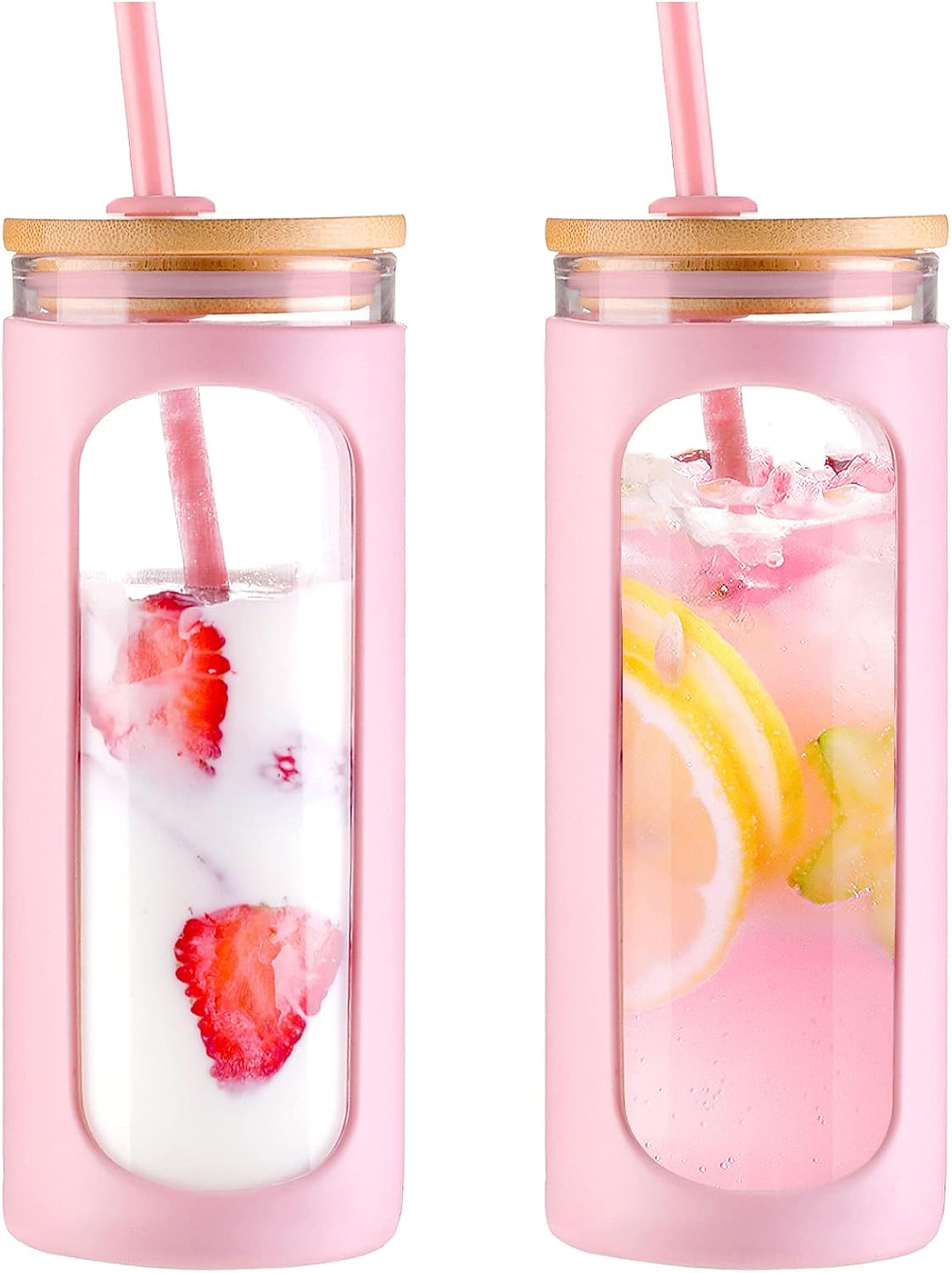 20oz Glass Tumbler with Straw and Lid, Iced Coffee Cups with Bamboo Lids, Glass Cups for Cold Drinks, Smoothie Cup with Silicone Sleeve for Travel, Work, BPA FREE-Olive - Colors B