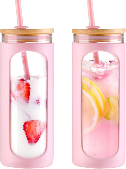 20oz Glass Tumbler with Straw and Lid, Iced Coffee Cups with Bamboo Lids, Glass Cups for Cold Drinks, Smoothie Cup with Silicone Sleeve for Travel, Work, BPA FREE-Olive - Colors B